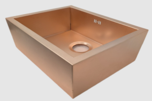 Isometric angle view of Belfast Butler copper sink showing depth