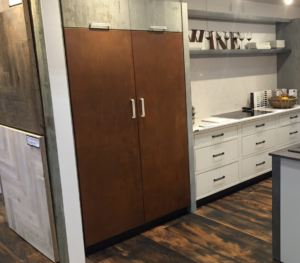 Rusted Corten steel kitchen cupboard doors with industrial patina finish