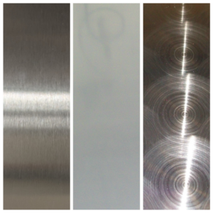 Three stainless steel finishes side by side — brushed (left), 2B semi-bright (centre), and burnished circles (right) — showing surface texture and reflectivity differences.