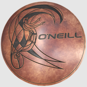 Round vintage copper sign engraved with an artistic graphic and the O’Neill logo